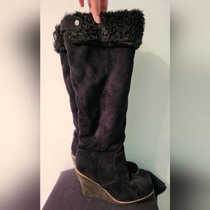 Women's above knee faux suede and fur boots